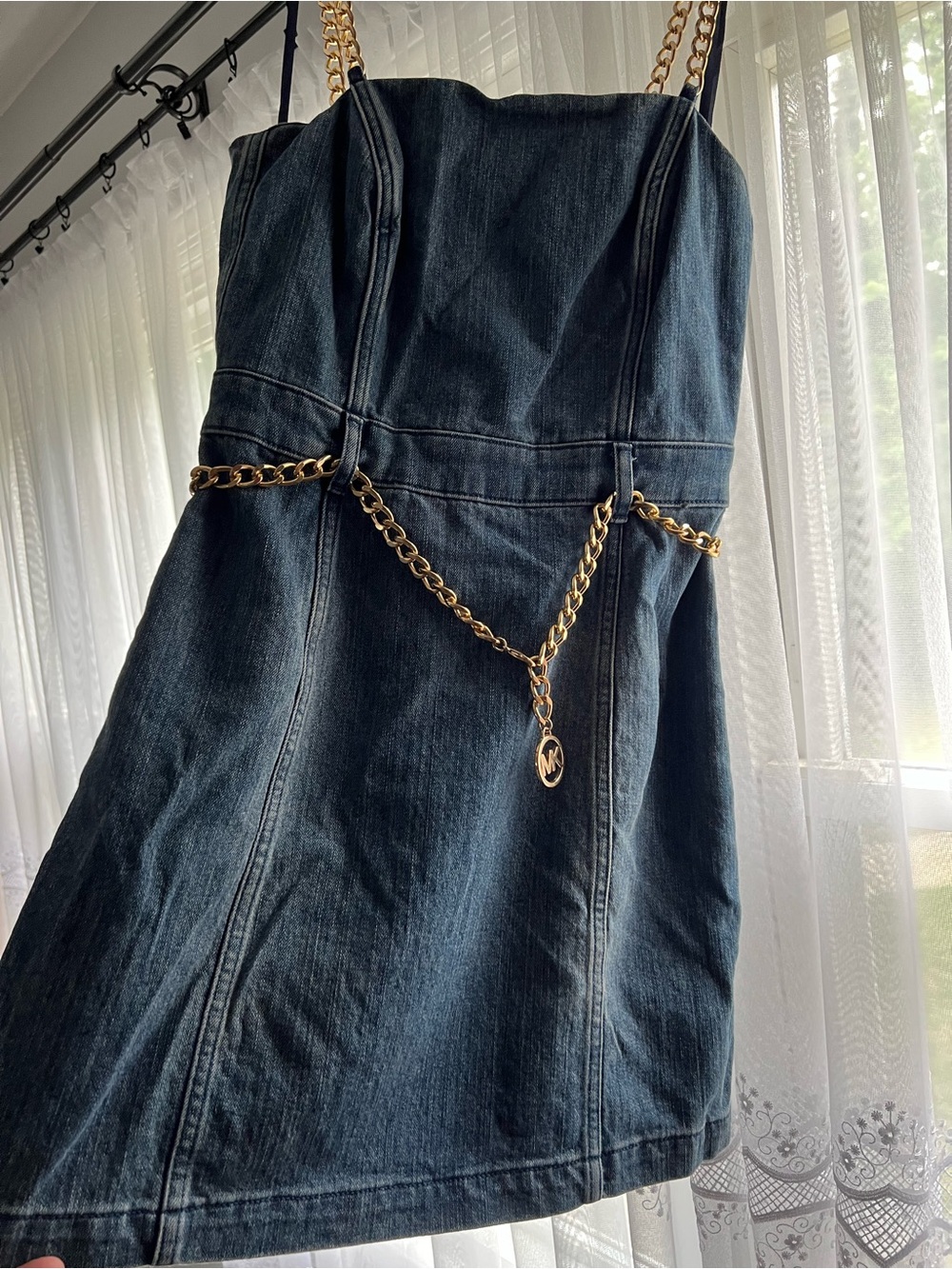 MICHAEL Michael Kors Dark Blue Denim Strapless Dress with Gold Chain